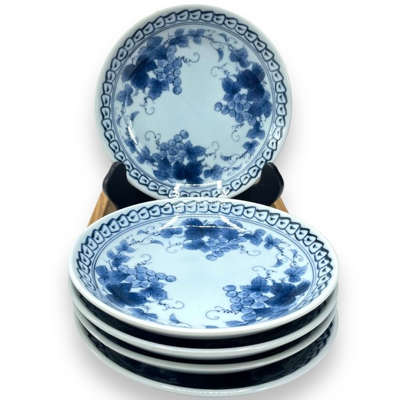 Japanese Vintage Set of 5 Grape Vine Pattern Coupe Plate 6.5" Fujimasa Mark - Picture 3 of 10
